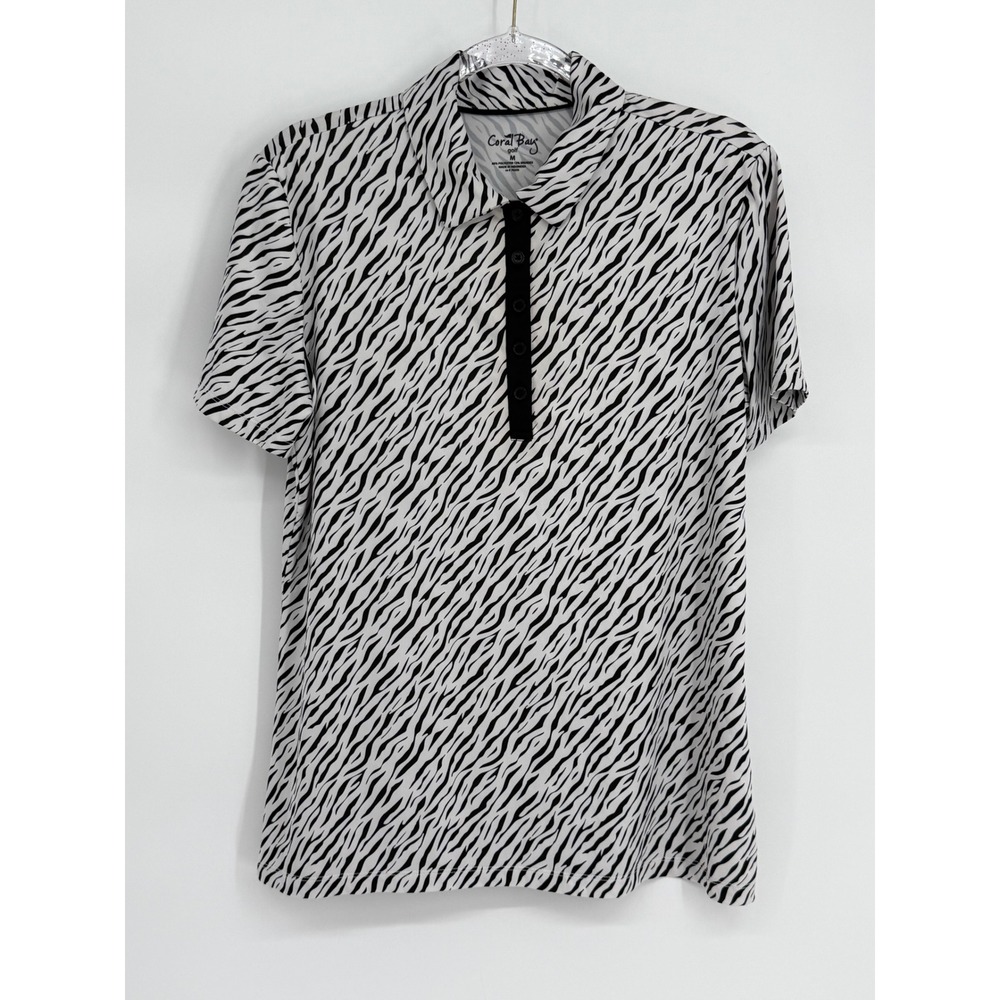 Coral Bay Golf Womens Zebra Print Polo Shirt Black White Short Sleeve Sz M